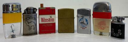 Lot of 7 Vintage Cigarette Lighters: Winston, Camel, USS John R. Craig, Raylite, Advertising
