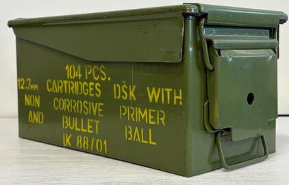 12.7mm DShK Military Ammo Can, IK 88/01 Marked, Steel Olive Drab, Hinged Lid, 104 Round Capacity