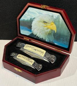 Collector's 2-Piece Folding Knife Set &ndash; Eagle & Wildlife Art Handles, Stainless Blades, Display Box