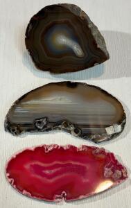 Natural & Dyed Banded Agate Slice & Specimens Set, Polished Display Pieces, 3pcs, Distinct Bands