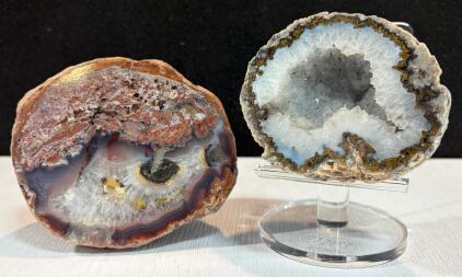 Polished Agate Slice And Open Geode With Quartz Crystals
