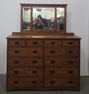 Kaiser Furniture Dresser With Tri-Fold Mirror, 12 Drawers, Medium-Dark Oak Finish
