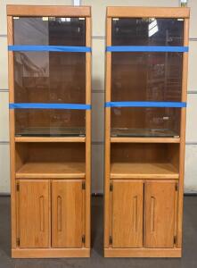 (2) Lighted Oak Finish Display Cabinets, Glass Doors, Adjustable Shelf, Lower Storage