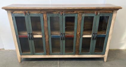 Rustic Multi-Tone Wooden Sideboard With 6 Glass Doors, 6 Shelves, And Metal Hardware