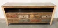 Rustic Wooden Media Console With 8 Drawers, Distressed Multitone Finish, And Cable Management