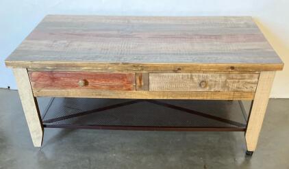 Rustic Industrial Coffee Table &ndash; 4 Drawers, Metal Mesh Shelf, Casters, Multicolor Wood