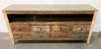 Rustic Wooden Media Console With 8 Drawers, Distressed Multitone Finish, And Cable Management