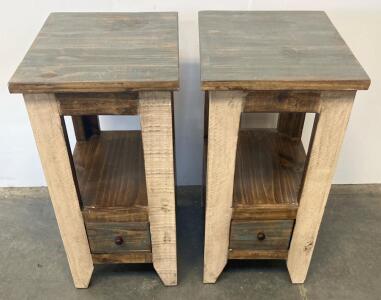 Pair Of Rustic Wooden End Tables/Nightstands With Drawer And Shelf, Multi-Tone Finish. 26&rdquo;x16&rdquo;x12&rdquo;