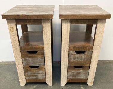 Pair Of Rustic Farmhouse 2-Drawer Nightstands With Open Shelves