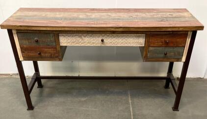Rustic Multicolored Wood & Steel Writing Desk, 5 Drawers, Multi-Color Top, Industrial Style