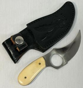 Custom Corzet USA Fixed-Blade Skinning Knife, Bone Handle, Finger Hole, Tooled Eagle Sheath