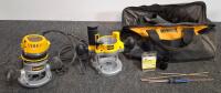 DeWalt DW618 2-1/4 HP Electronic Variable Speed Router Kit With Fixed And Plunge Bases( Powered On)