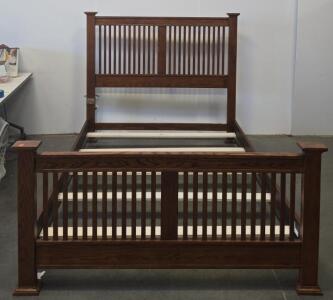 Queen Mission Style Solid Oak Slat Bed Frame With Headboard & Footboard, Dark Brown Finish