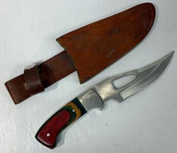 Cascade USA Fixed Blade Hunting Knife With Multicolored Wood Handle And Leather Sheath