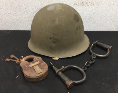 Vintage M1 Steel Helmet W/ Chin Straps - Pony Express Lock - Iron Shackles