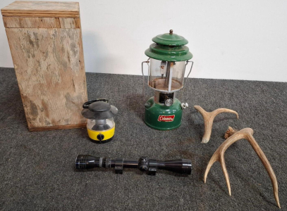 Coleman 220J Lantern w/ Wood Case, Redfield 3-9x Scope, Dorcy Lantern, Deer Antlers, Lot
