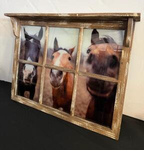 Rustic Windowpane Frame Wall Art &ndash; 3 Horse Photo Collage, Glass Front, 32"x24", Farmhouse D&eacute;cor