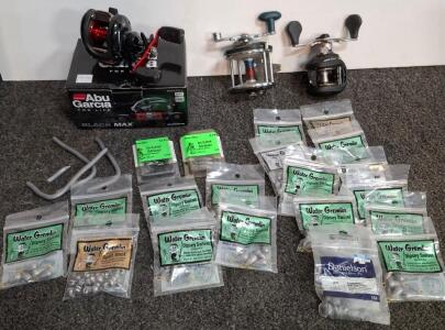 Lew's Tournament MG, Abu Garcia Black Max, Dolphin 606 Reels + Assorted Sinkers & Tackle Bundle