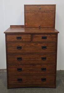 Arts and Crafts Style Wooden Chest Of Drawers With Drop-Front Desk And Cedar-Lined Drawers