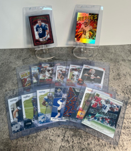 NFL Football Card Lot: Donruss, Prestige, Score, Peyton Manning, Mostert, Elliott Inserts, 13 Cards