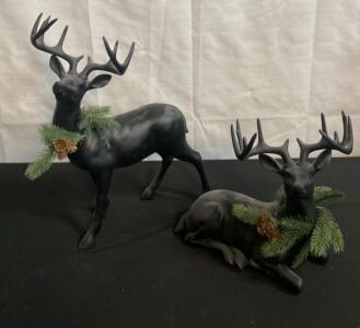 Set of 2 Matte Black Resin Reindeer Figurines with Evergreen Accents