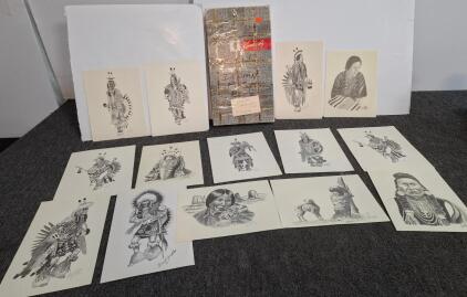 Leonard Youngbear Signed 1974 Meskwaki Art Print Collection &ndash; 13 Unframed Native American Portraits