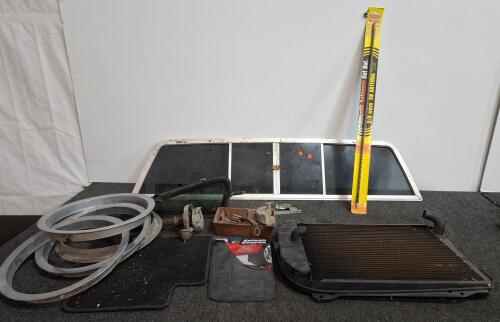 Classic Car Parts Lot: Radiator, Sliding Rear Window, Trim Rings, Firestik CB Antenna