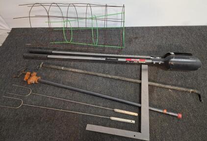 Truper Post Hole Digger, Tomato Cage, Roasting Forks, Bar Clamp, Steel Square, Tool Lot
