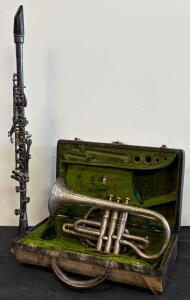 A.J. Keefer "Highest Grade" Cornet #5934 (c.1900s) & Penn Soprano Clarinet, Vintage Case