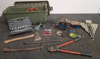 Mixed Lot: Mighty 5" Bench Vise, Power Torque Socket Set, Ridgid Bolt Cutter, Crowbars, Storage Tote