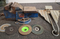 Mixed Lot: Mighty 5" Bench Vise, Power Torque Socket Set, Ridgid Bolt Cutter, Crowbars, Storage Tote - 2