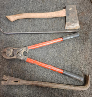 Mixed Lot: Mighty 5" Bench Vise, Power Torque Socket Set, Ridgid Bolt Cutter, Crowbars, Storage Tote - 3