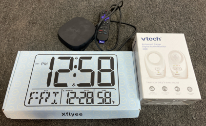 Roku Ultra 4K Streaming Media Player, Xflyee LED Wall Clock, VTech DM1111 Baby Monitor Bundle