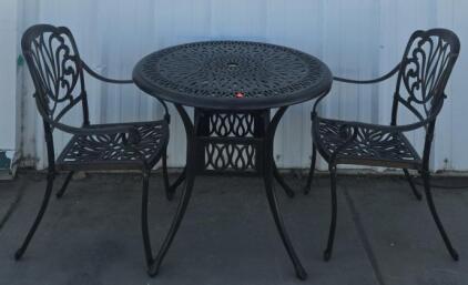 Cast Aluminum Outdoor Patio Bistro Set &ndash; 3-Piece, Round Table With Umbrella 2Hole, 2 Chairs