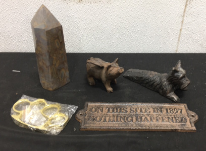 2lb Bamboo Jasper Obelisk. Cast Iron Winged Pig, Dog Door Stopper, Sign. Brass Toned Door Stopper.