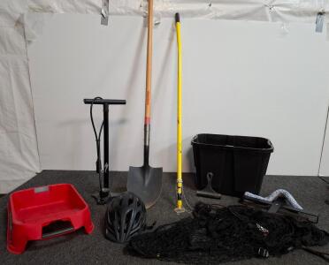 Specialized Floor Pump, Razor-Back Shovel, Handy Paint Pail, Bike Helmet, Tool Lot