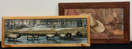 Set Of 2 Framed Western Wall Art Prints &ndash; Elk River Scene & Cowboy Still Life, Rustic Wood Frames