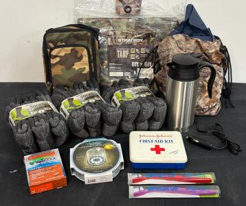 Outdoor Survival Kit: 15 Wool Socks, Carhartt Bag, Solar Light, 8x6ft Camo Tarp, First Aid, 12V Mug