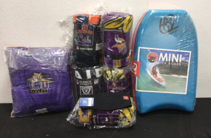 (5) Assorted NFL Fleece Throw Blankets - LSU Tigers Pillow - SF Headband - 662 Mini KickBoard