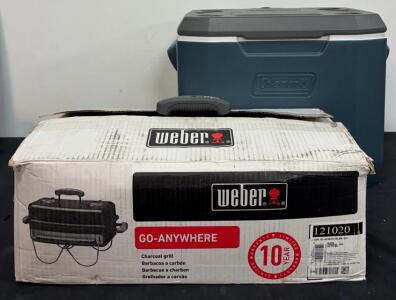 Weber Go-Anywhere 121020 Portable Charcoal Grill, Coleman 62 Qt Wheeled Cooler, Blue, Large