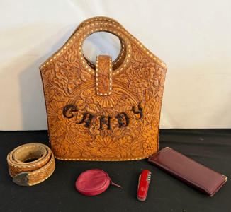 Custom Tooled Leather "CANDY" Handbag By J.R. Hayward CA W/ Matching Belt, Sterling Tip, Accessories
