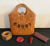 Custom Tooled Leather "CANDY" Handbag By J.R. Hayward CA W/ Matching Belt, Sterling Tip, Accessories