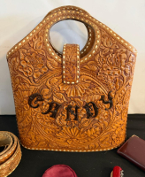 Custom Tooled Leather "CANDY" Handbag By J.R. Hayward CA W/ Matching Belt, Sterling Tip, Accessories - 2