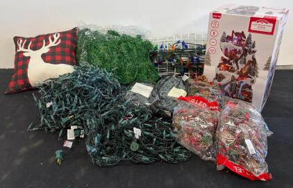 Mixed Lot: LED Mountain Scene, String Lights, Holiday Pillow, Garland, Pinecone Picks
