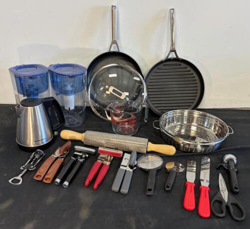 Comprehensive Mixed Kitchenware Lot: Ninja & Non-Stick Pans, Kettle, Pitchers, Rolling Pin, Utensils