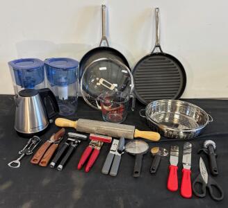 Comprehensive Mixed Kitchenware Lot: Ninja & Non-Stick Pans, Kettle, Pitchers, Rolling Pin, Utensils