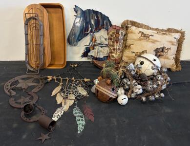 Large Western Rustic Decor Lot &ndash; Metal Art, Horse Pillow, Bells, Boot, Trays & Wall Hangings