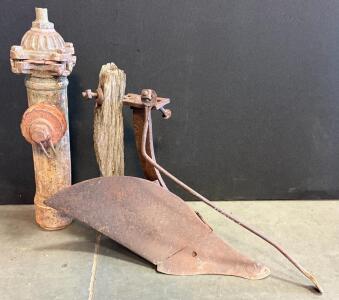 Antique Single-Bottom Moldboard Plow & Cast Iron Fire Hydrant, c. 1920s-1950s, Vintage Decor