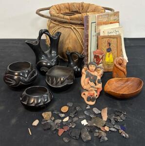 Native American Artifacts Collection: Santa Clara Pottery, Basketry, Books, And Lithic Fragments