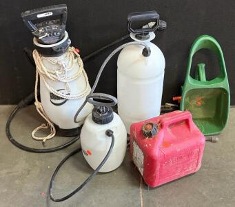 Lot of Used Garden Sprayers, Gas Can, And Scotts Handheld Spreader
